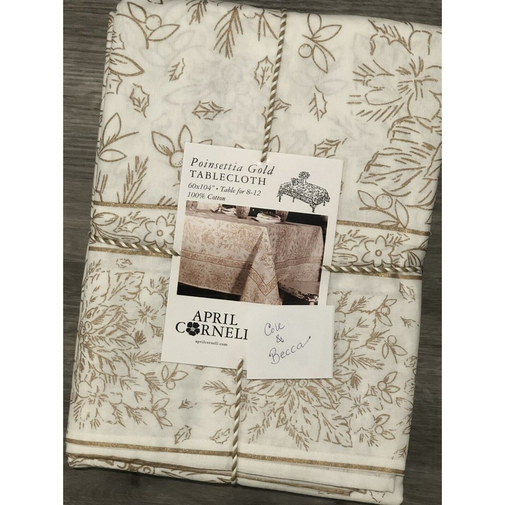 April Cornell  Christmas Tablecloth “Poinsettia Gold” 60x104 New Cotton Floral